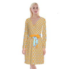 Modern Blue Flowers  On Orange Long Sleeve Velvet Front Wrap Dress by BrightVibesDesign
