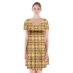 Cute Flowers Pattern Yellow Short Sleeve V-neck Flare Dress by BrightVibesDesign