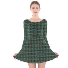 Argyle Dark Green Brown Pattern Long Sleeve Velvet Skater Dress by BrightVibesDesign