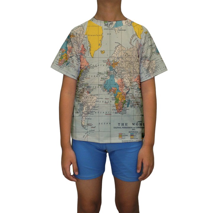 World Map Vintage Kids  Short Sleeve Swimwear