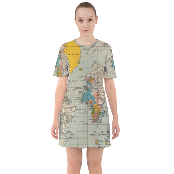 World Map Vintage Sixties Short Sleeve Mini Dress