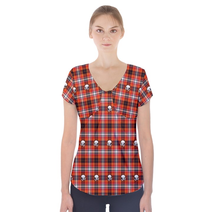 Plaid - red with skulls Short Sleeve Front Detail Top