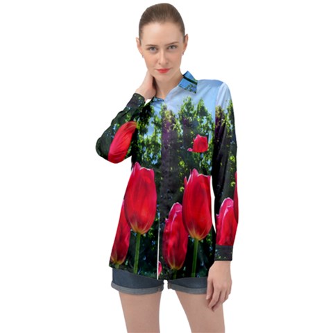 Skyward Tulips Long Sleeve Satin Shirt by okhismakingart