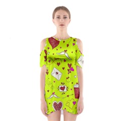 Valentin s Day Love Hearts Pattern Red Pink Green Shoulder Cutout One Piece Dress by EDDArt