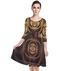 Fractal Copper Amber Abstract Quarter Sleeve Waist Band Dress by Pakrebo