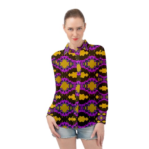 Seamless Wallpaper Digital Pattern Yellow Brown Purple Long Sleeve Chiffon Shirt by Pakrebo