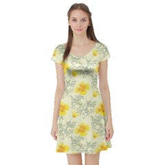 Floral Background Scrapbooking Yellow Short Sleeve Skater Dress