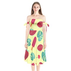Watermelon Leaves Strawberry Shoulder Tie Bardot Midi Dress by HermanTelo