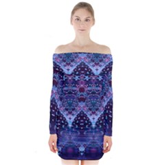 Blue Elegance Elaborate Fractal Fashion Long Sleeve Off Shoulder Dress by KirstenStar