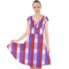 Gingham Pattern Line Cap Sleeve Front Wrap Midi Dress