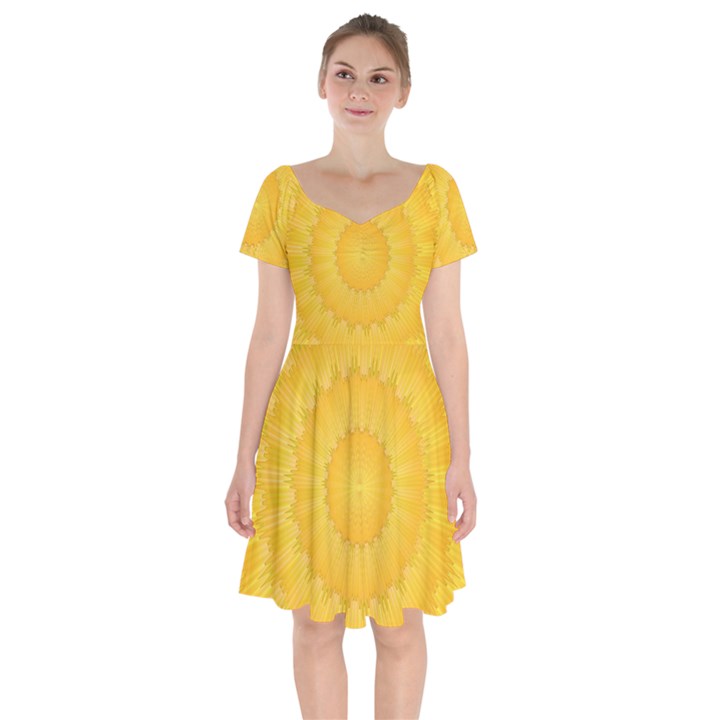 Wave Lines Yellow Short Sleeve Bardot Dress