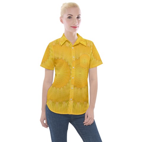Wave Lines Yellow Women s Short Sleeve Pocket Shirt by HermanTelo