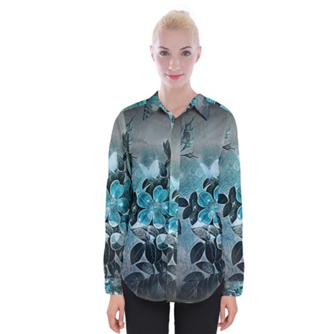 Elegant Floral Design With Butterflies Womens Long Sleeve Shirt by FantasyWorld7