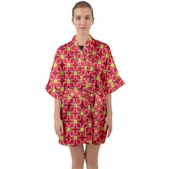 Red Yellow Pattern Design Quarter Sleeve Kimono Robe
