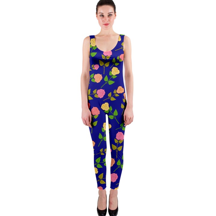 Flowers Roses Blue One Piece Catsuit