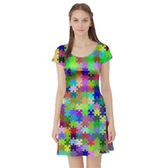 Jigsaw Puzzle Background Chromatic Short Sleeve Skater Dress