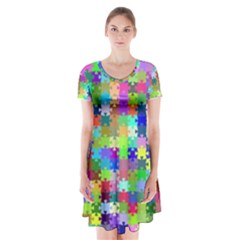 Jigsaw Puzzle Background Chromatic Short Sleeve V-neck Flare Dress