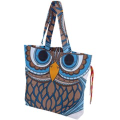 Owl Drawing Art Vintage Clothing Blue Feather Drawstring Tote Bag by Sudhe