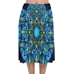 Mandala Blue Abstract Circle Velvet Flared Midi Skirt by Simbadda