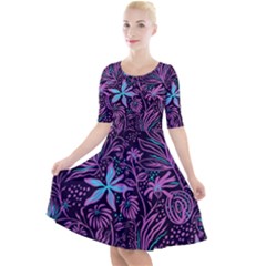 Stamping Pattern Leaves Drawing Quarter Sleeve A-line Dress by Simbadda