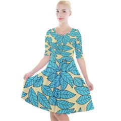 Leaves Dried Leaves Stamping Blue Yellow Quarter Sleeve A-line Dress by Simbadda