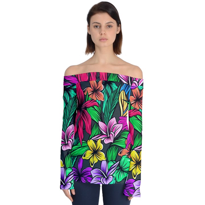 Hibiscus Flower Plant Tropical Off Shoulder Long Sleeve Top