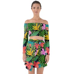 Tropical Greens Leaves Design Off Shoulder Top With Skirt Set by Simbadda