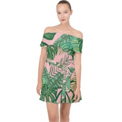 Tropical Greens Leaves Design Off Shoulder Chiffon Dress by Simbadda