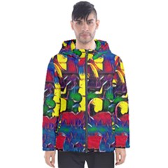 Colorful Shapes Abstract Painting                      Men s Hooded Puffer Jacket by LalyLauraFLM