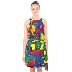 Colorful Shapes Abstract Painting                    Halter Collar Waist Tie Chiffon Dress