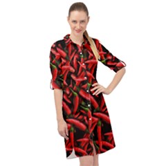 Red Chili Peppers Pattern  Long Sleeve Mini Shirt Dress by bloomingvinedesign