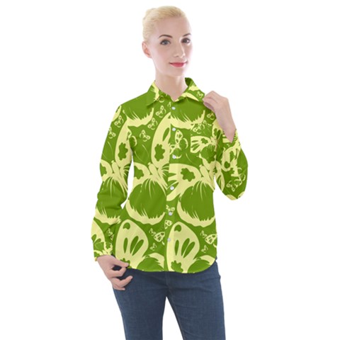 Butterflies Pattern Background Green Decoration Repeating Style Sketch Women s Long Sleeve Pocket Shirt by fashionpod