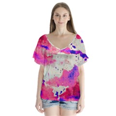 Watercolor Splatter Hot Pink/purple V-neck Flutter Sleeve Top by blkstudio