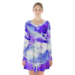 Watercolor Splatter Purple Long Sleeve Velvet V-neck Dress by blkstudio