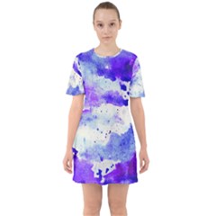 Watercolor Splatter Purple Sixties Short Sleeve Mini Dress by blkstudio