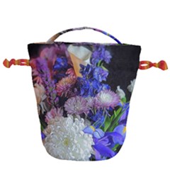 Blue White Purple Mixed Flowers Drawstring Bucket Bag by bloomingvinedesign