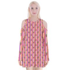 Pink Stripe & Roses Velvet Long Sleeve Shoulder Cutout Dress by charliecreates