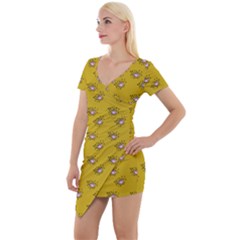 Zodiac Bat Pink Yellow Short Sleeve Asymmetric Mini Dress by snowwhitegirl