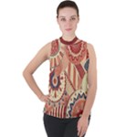 Pop Art Paisley Flowers Ornaments Multicolored 4 Background Solid Dark Red Mock Neck Chiffon Sleeveless Top
