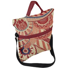 Pop Art Paisley Flowers Ornaments Multicolored 4 Background Solid Dark Red Fold Over Handle Tote Bag by EDDArt