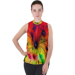 Color Background Structure Lines Mock Neck Chiffon Sleeveless Top by Pakrebo
