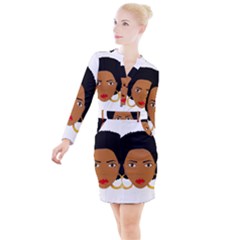 African American Woman With ?urly Hair Button Long Sleeve Dress by bumblebamboo