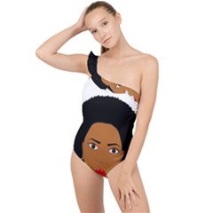 African American Woman With ?urly Hair Frilly One Shoulder Swimsuit by bumblebamboo