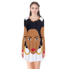 African American Woman With ?urly Hair Long Sleeve V-neck Flare Dress by bumblebamboo