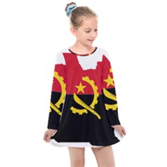 Angola Flag Map Geography Outline Kids  Long Sleeve Dress by Sapixe
