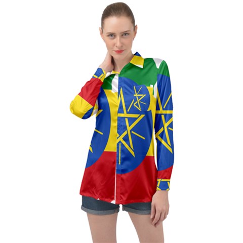 Ethiopia Flag Map Geography Long Sleeve Satin Shirt by Sapixe