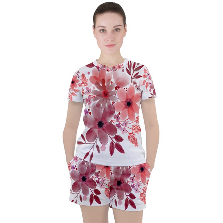 Watercolour Flowers Red Watercolor Women s Tee and Shorts Set
