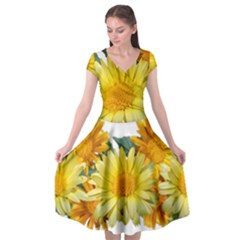 Daisies Flowers Yellow Arrangement Cap Sleeve Wrap Front Dress by Pakrebo