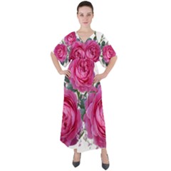 Roses Gypsophila Flowers Fragrant V-neck Boho Style Maxi Dress by Pakrebo