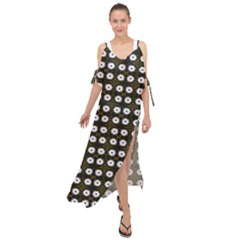 White Flower Pattern On Yellow Black Maxi Chiffon Cover Up Dress by BrightVibesDesign